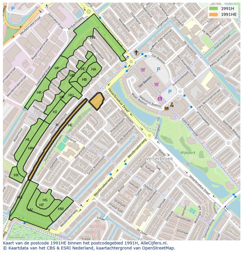 Afbeelding van het postcodegebied 1991 HE op de kaart.