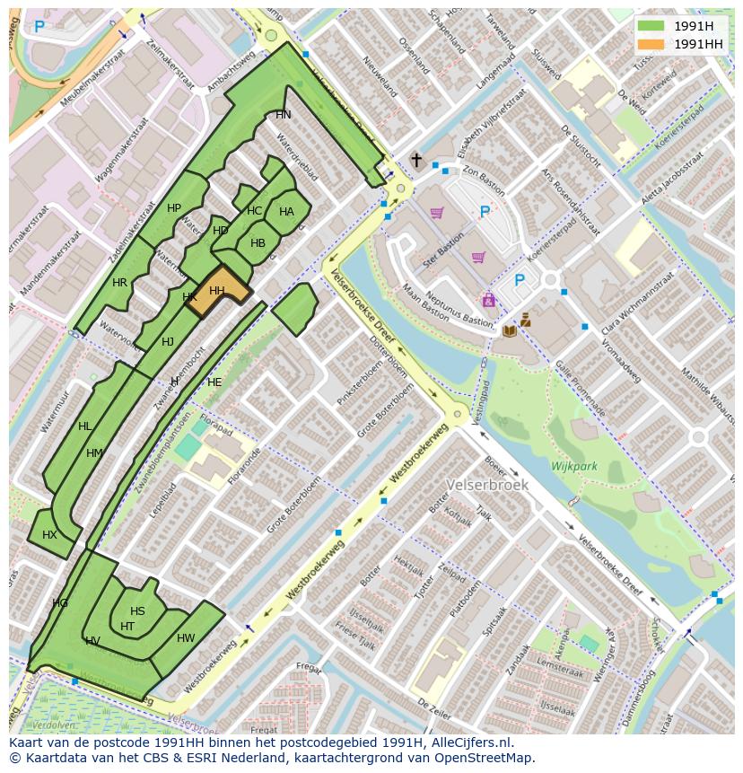 Afbeelding van het postcodegebied 1991 HH op de kaart.