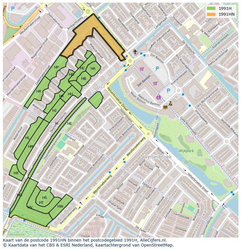 Afbeelding van het postcodegebied 1991 HN op de kaart.