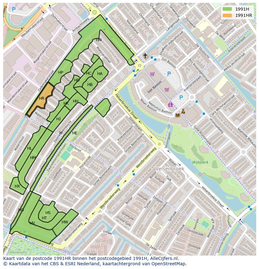 Afbeelding van het postcodegebied 1991 HR op de kaart.