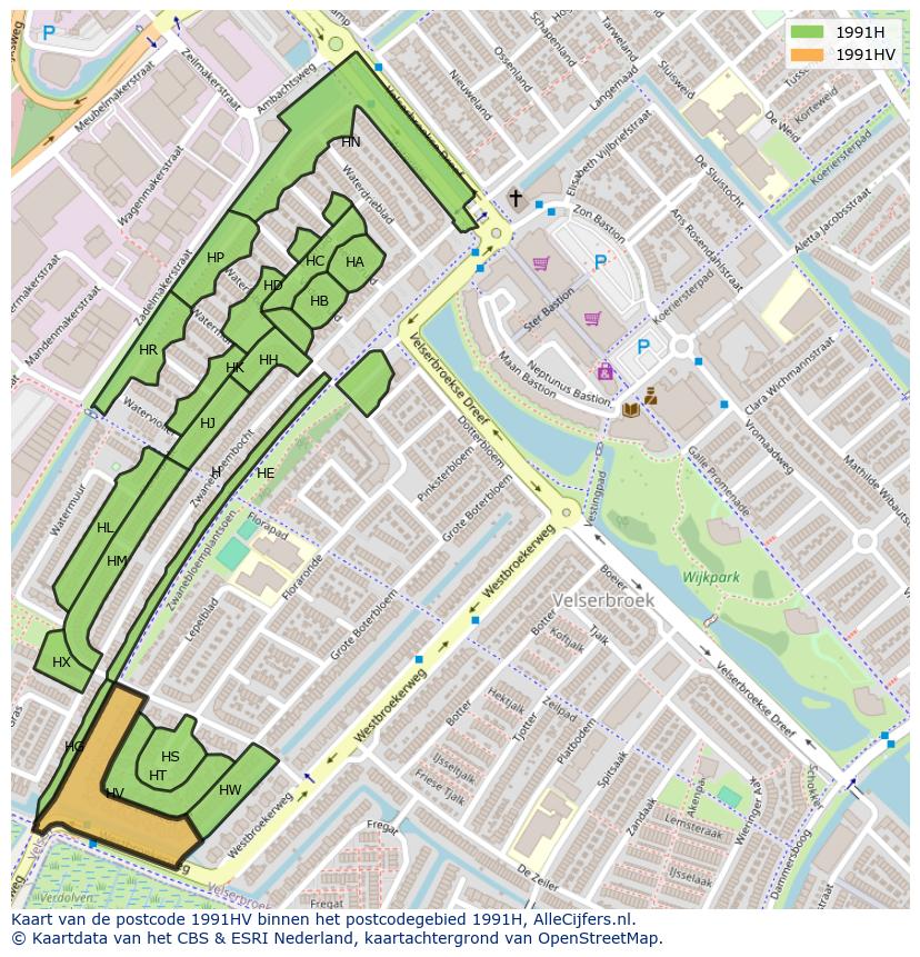 Afbeelding van het postcodegebied 1991 HV op de kaart.