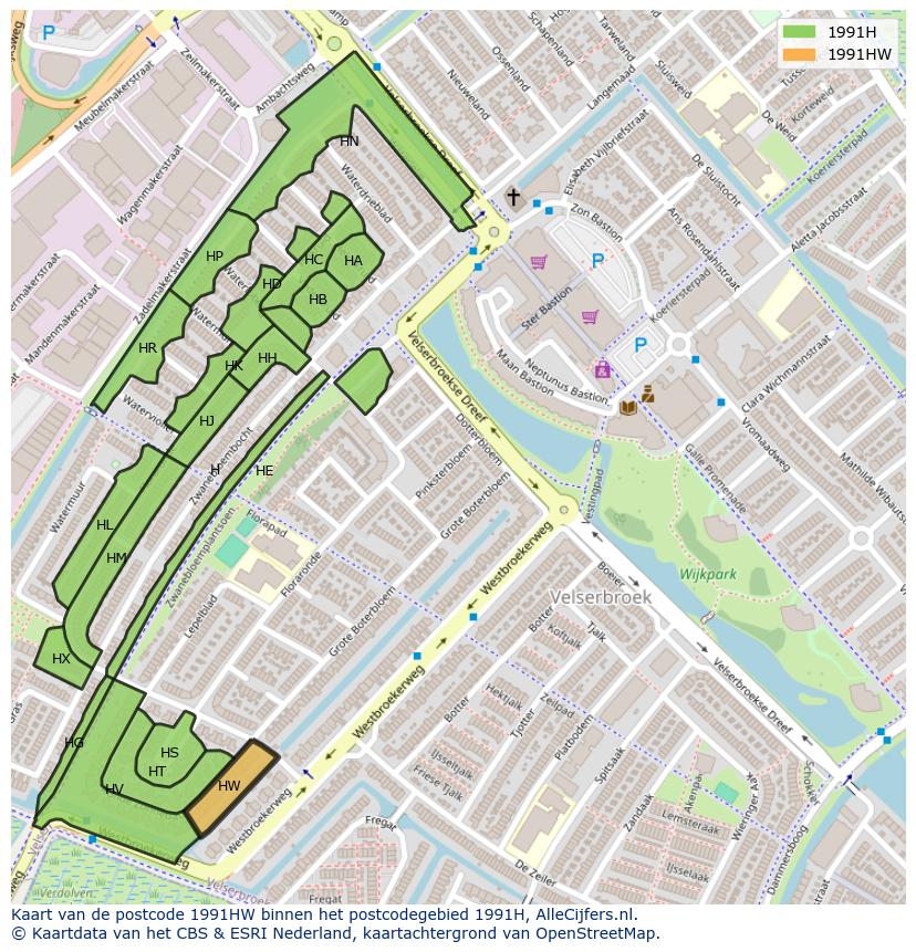 Afbeelding van het postcodegebied 1991 HW op de kaart.