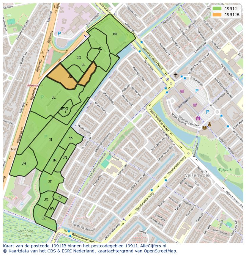Afbeelding van het postcodegebied 1991 JB op de kaart.