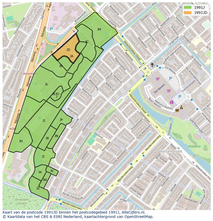 Afbeelding van het postcodegebied 1991 JD op de kaart.