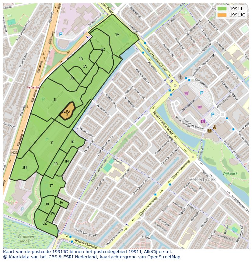 Afbeelding van het postcodegebied 1991 JG op de kaart.