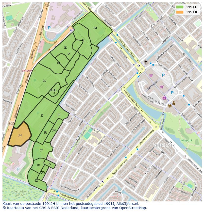 Afbeelding van het postcodegebied 1991 JH op de kaart.