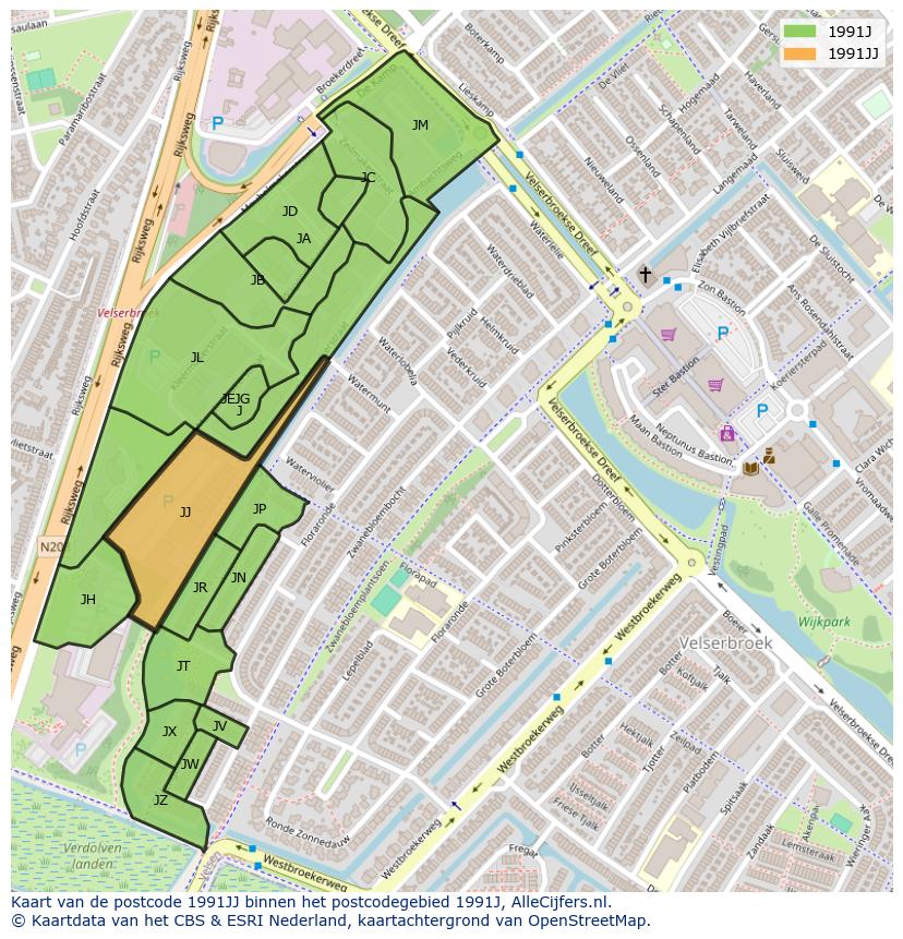 Afbeelding van het postcodegebied 1991 JJ op de kaart.