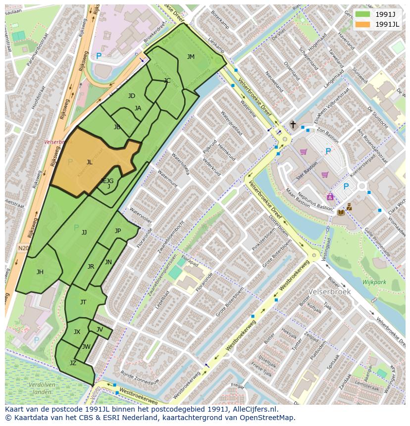 Afbeelding van het postcodegebied 1991 JL op de kaart.