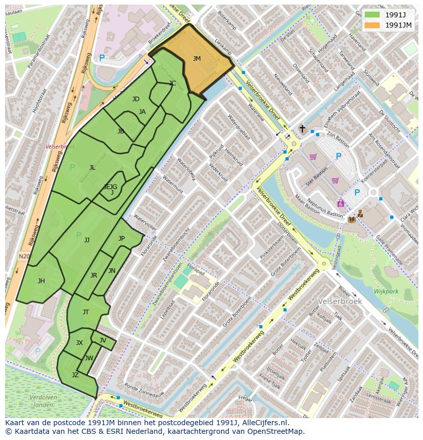 Afbeelding van het postcodegebied 1991 JM op de kaart.