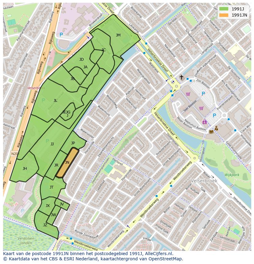 Afbeelding van het postcodegebied 1991 JN op de kaart.