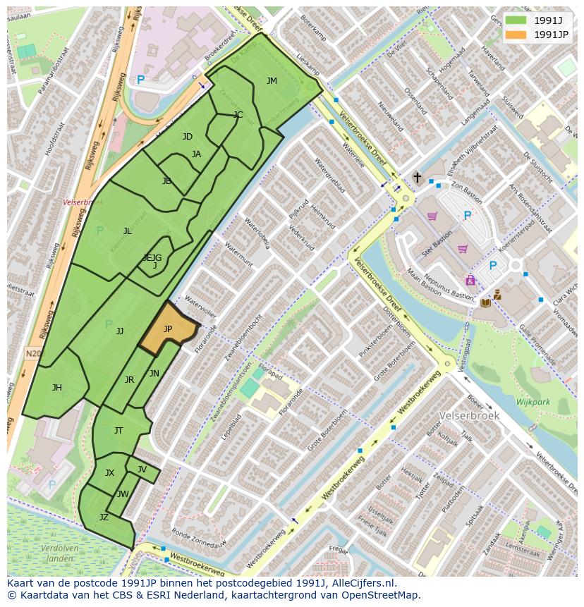 Afbeelding van het postcodegebied 1991 JP op de kaart.