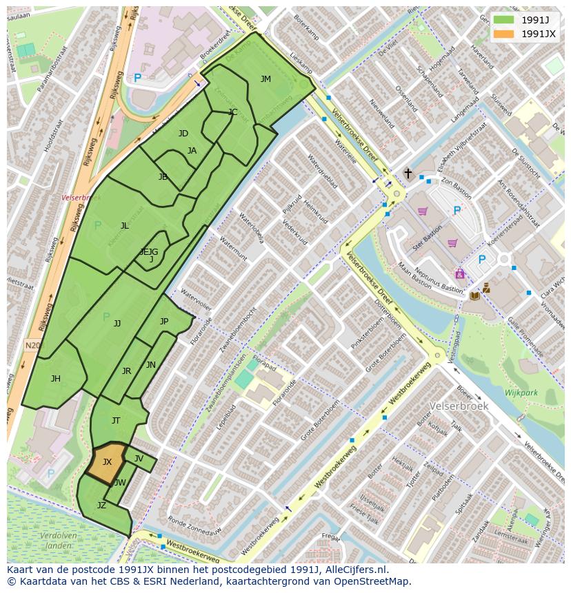Afbeelding van het postcodegebied 1991 JX op de kaart.