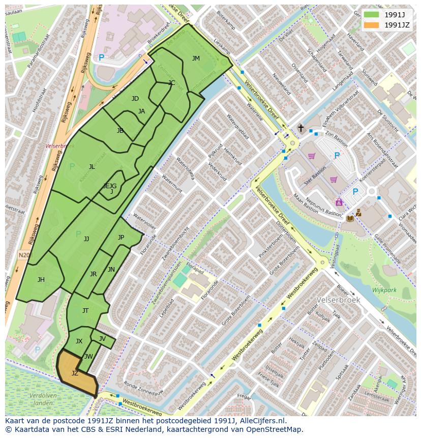 Afbeelding van het postcodegebied 1991 JZ op de kaart.