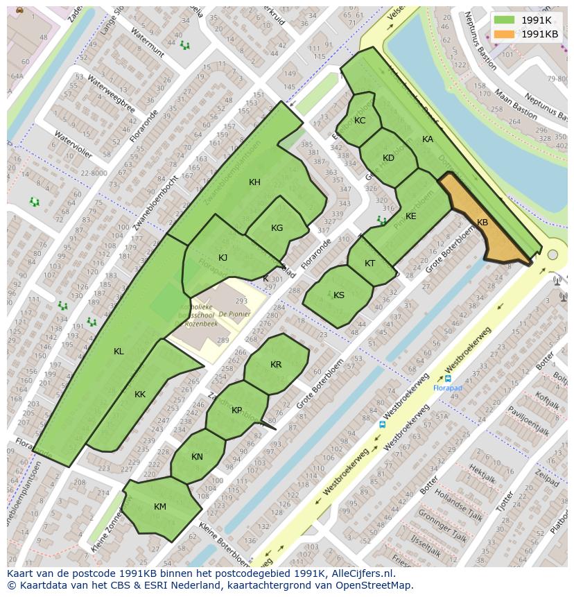 Afbeelding van het postcodegebied 1991 KB op de kaart.