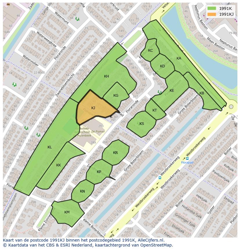 Afbeelding van het postcodegebied 1991 KJ op de kaart.