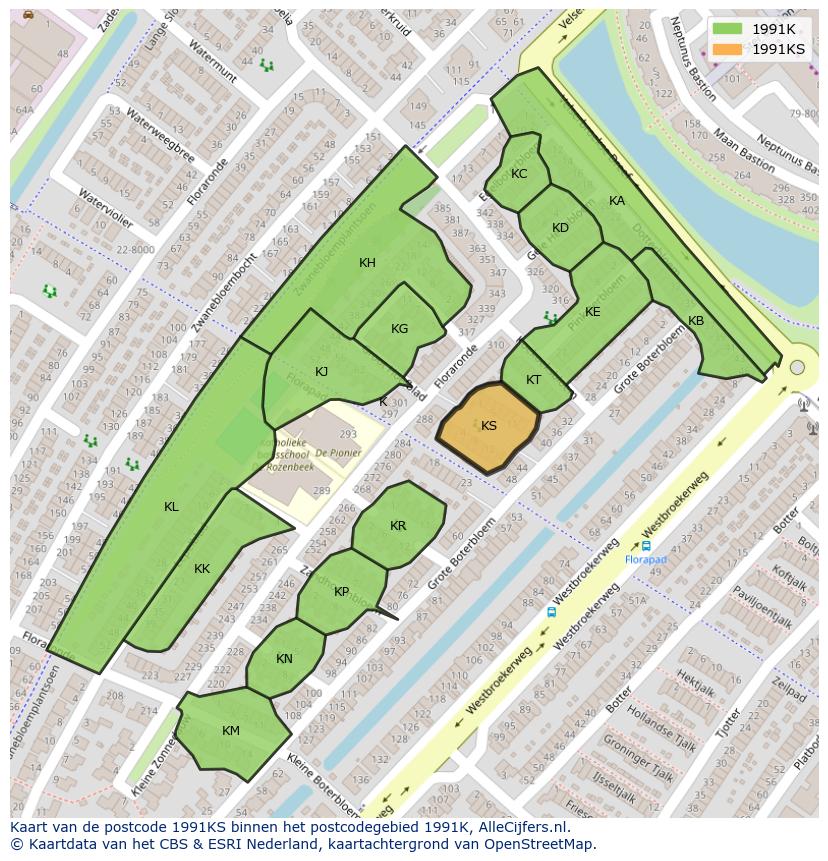 Afbeelding van het postcodegebied 1991 KS op de kaart.