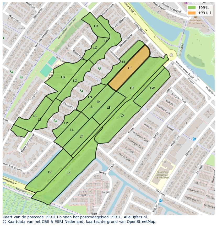 Afbeelding van het postcodegebied 1991 LJ op de kaart.