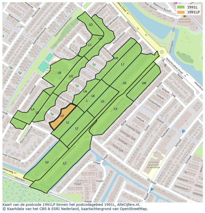 Afbeelding van het postcodegebied 1991 LP op de kaart.