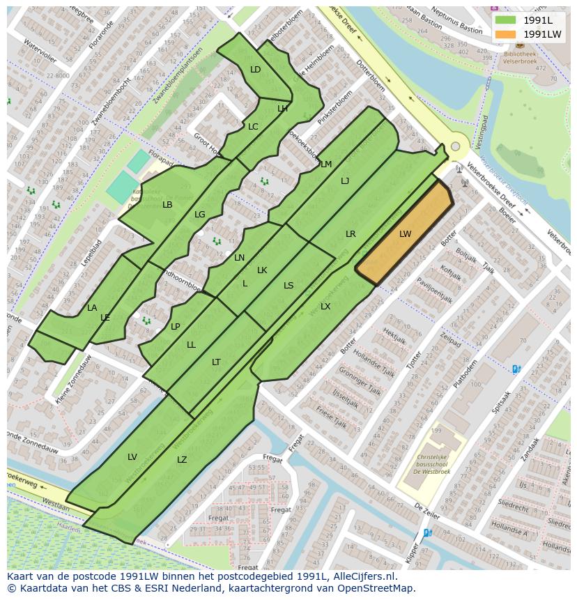 Afbeelding van het postcodegebied 1991 LW op de kaart.