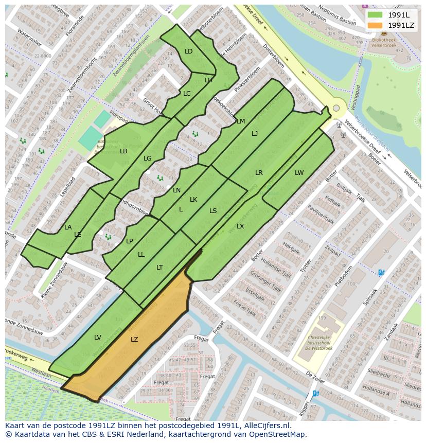 Afbeelding van het postcodegebied 1991 LZ op de kaart.