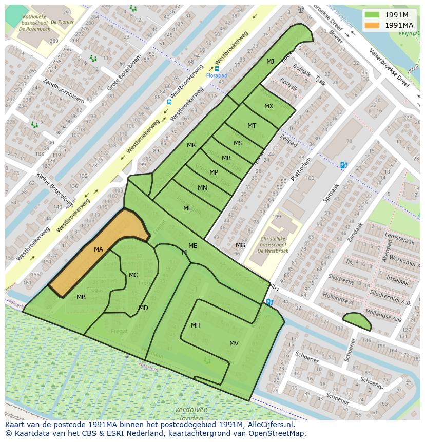 Afbeelding van het postcodegebied 1991 MA op de kaart.