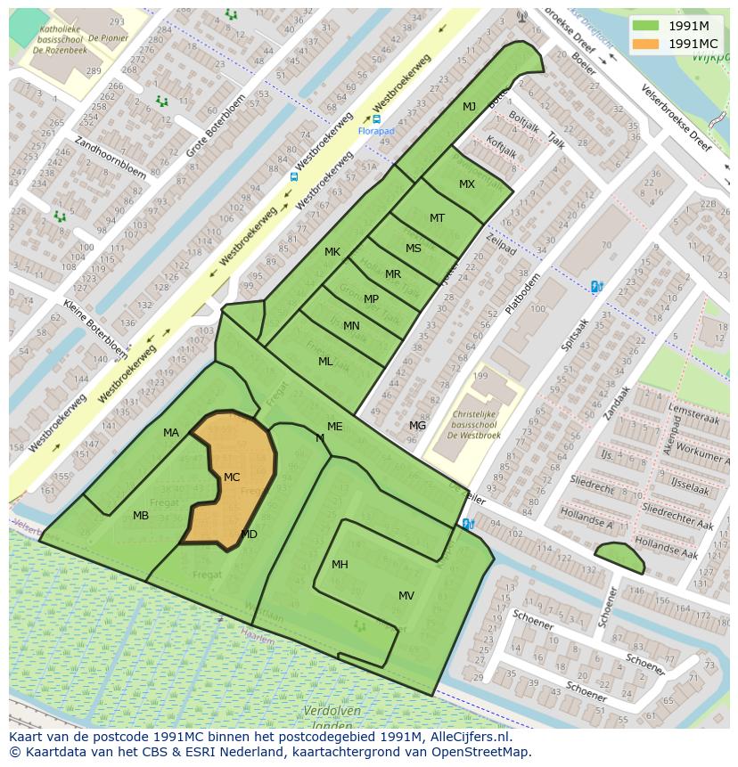 Afbeelding van het postcodegebied 1991 MC op de kaart.