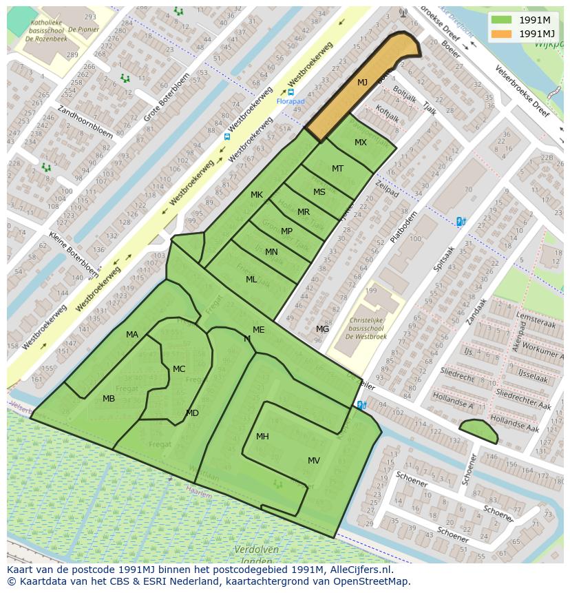 Afbeelding van het postcodegebied 1991 MJ op de kaart.