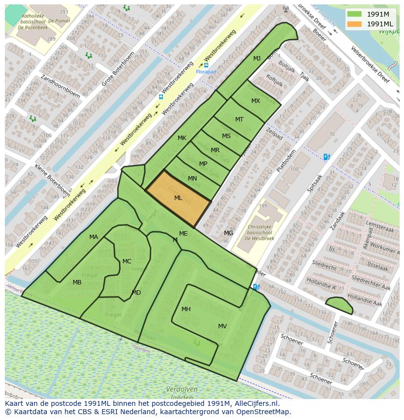 Afbeelding van het postcodegebied 1991 ML op de kaart.