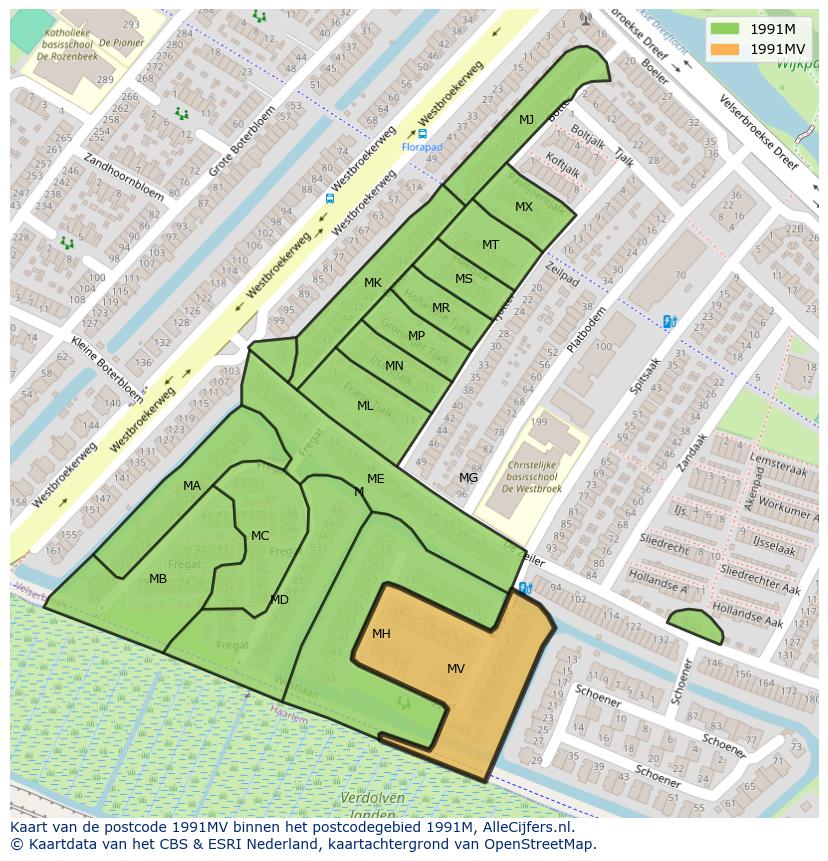 Afbeelding van het postcodegebied 1991 MV op de kaart.