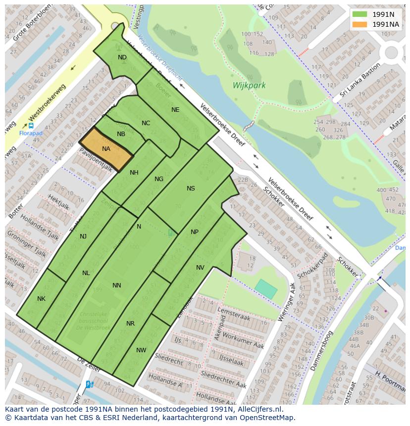 Afbeelding van het postcodegebied 1991 NA op de kaart.