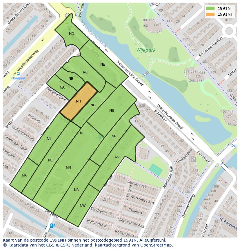Afbeelding van het postcodegebied 1991 NH op de kaart.