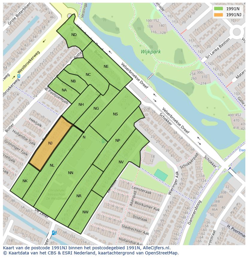 Afbeelding van het postcodegebied 1991 NJ op de kaart.