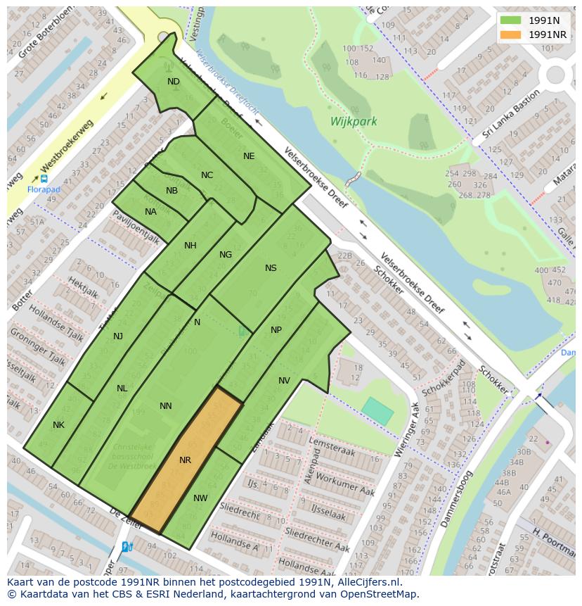 Afbeelding van het postcodegebied 1991 NR op de kaart.