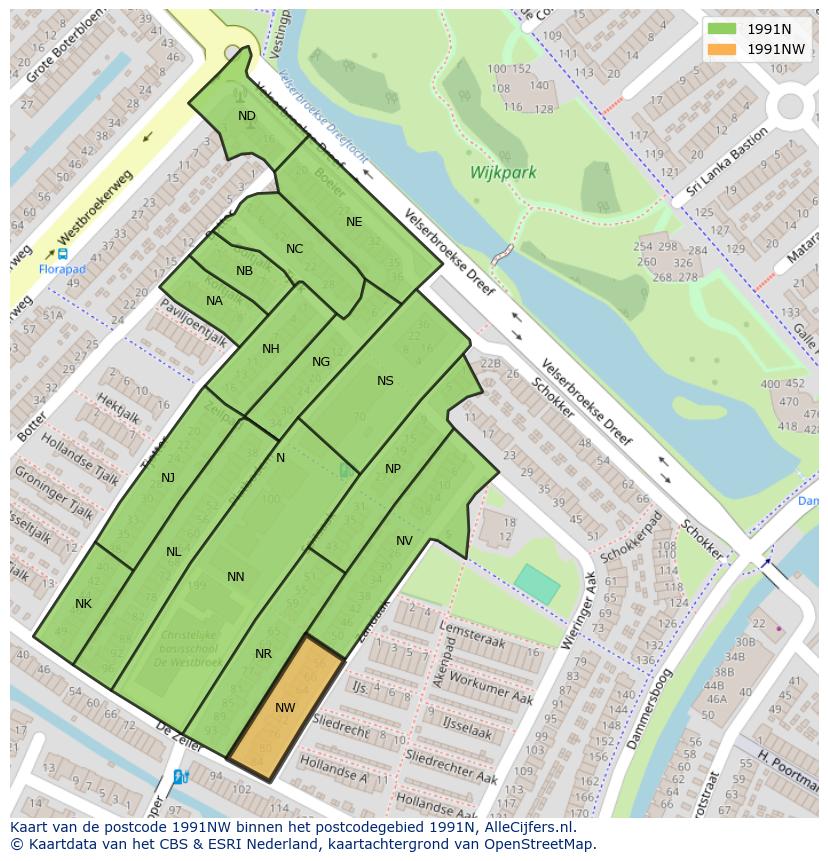 Afbeelding van het postcodegebied 1991 NW op de kaart.