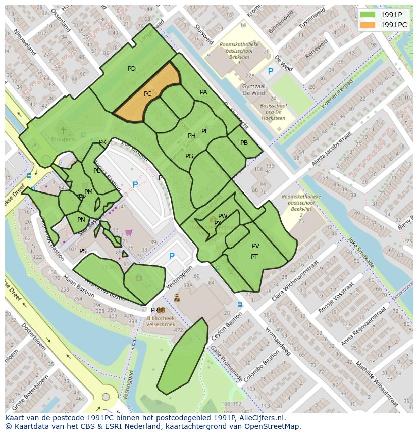 Afbeelding van het postcodegebied 1991 PC op de kaart.