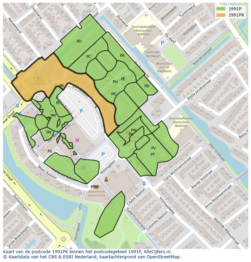 Afbeelding van het postcodegebied 1991 PK op de kaart.