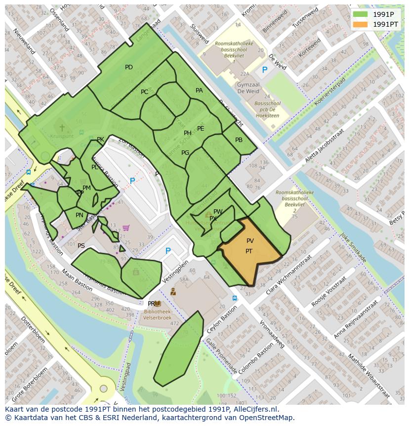 Afbeelding van het postcodegebied 1991 PT op de kaart.