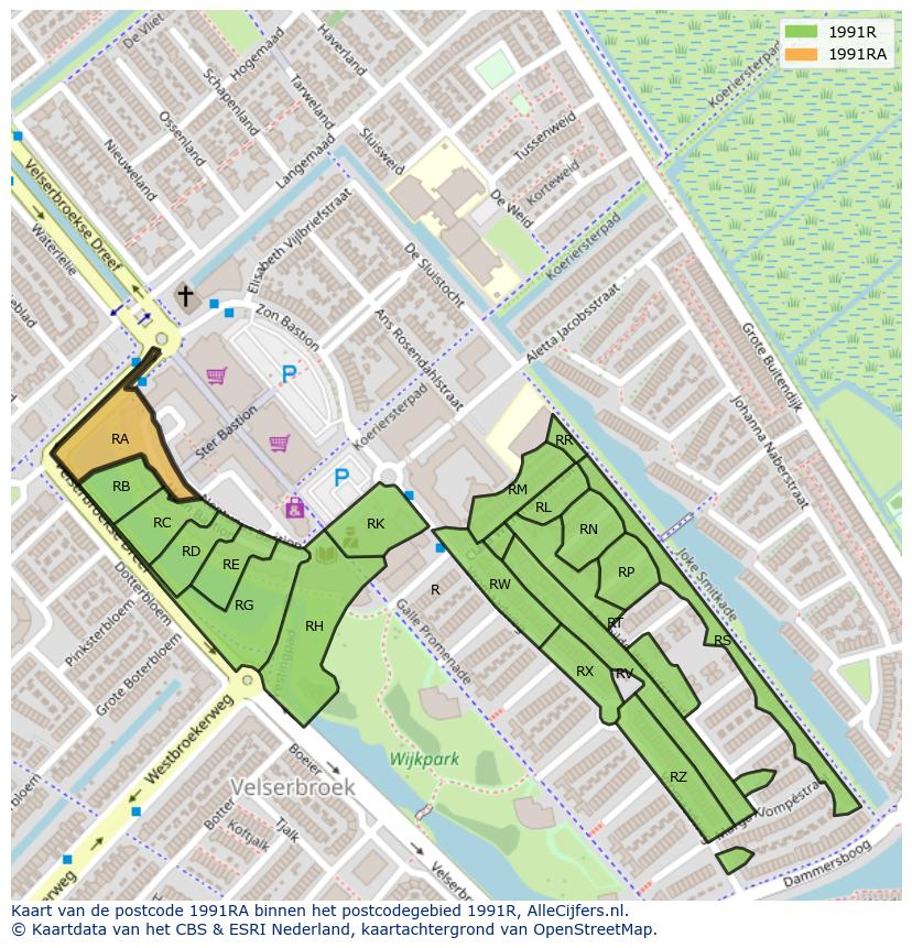 Afbeelding van het postcodegebied 1991 RA op de kaart.