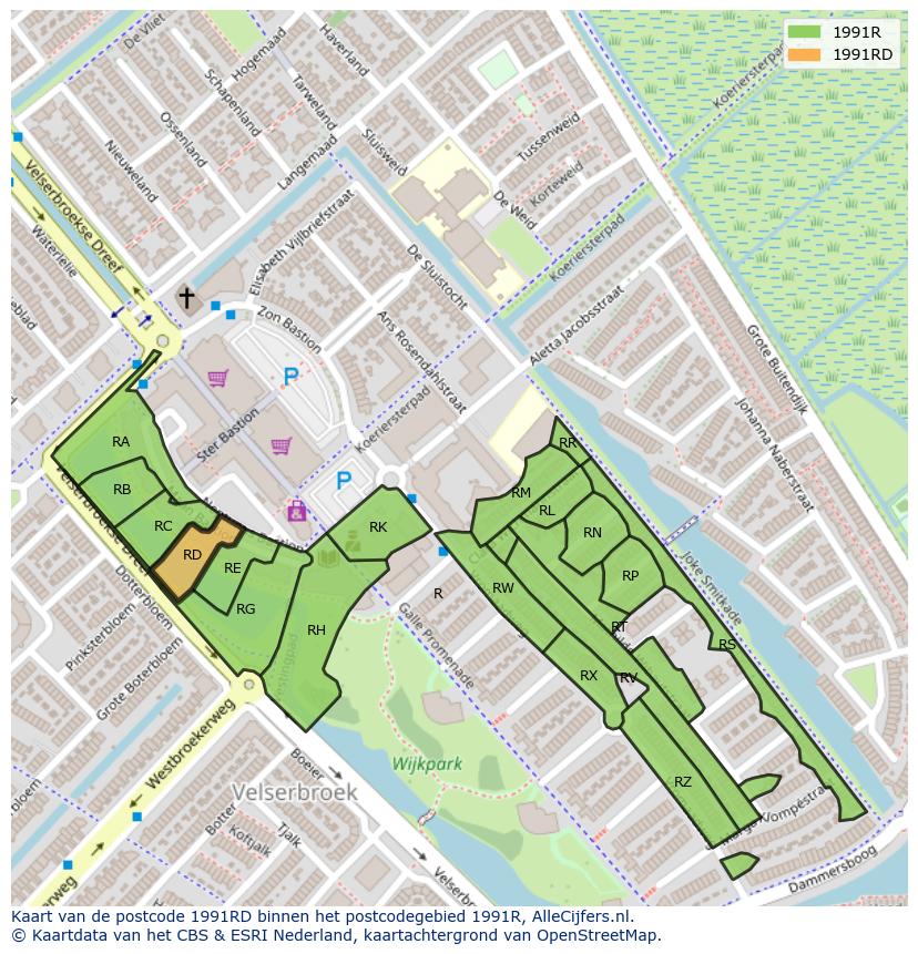 Afbeelding van het postcodegebied 1991 RD op de kaart.