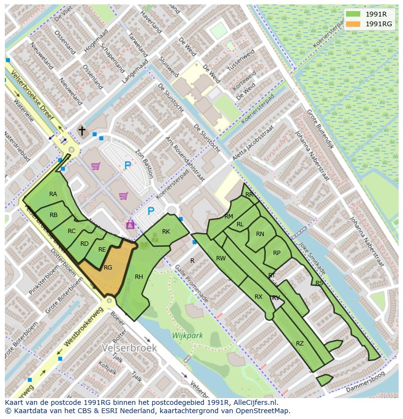 Afbeelding van het postcodegebied 1991 RG op de kaart.