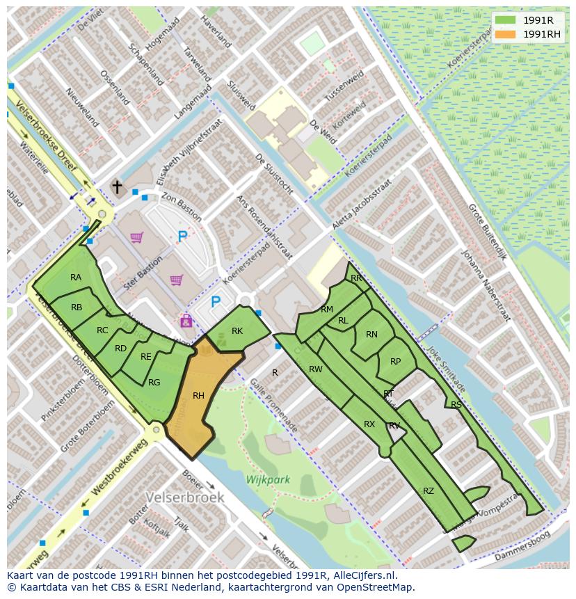 Afbeelding van het postcodegebied 1991 RH op de kaart.