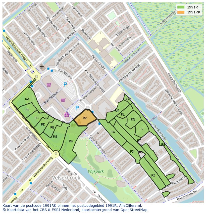 Afbeelding van het postcodegebied 1991 RK op de kaart.
