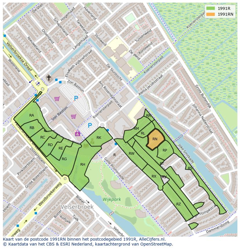 Afbeelding van het postcodegebied 1991 RN op de kaart.