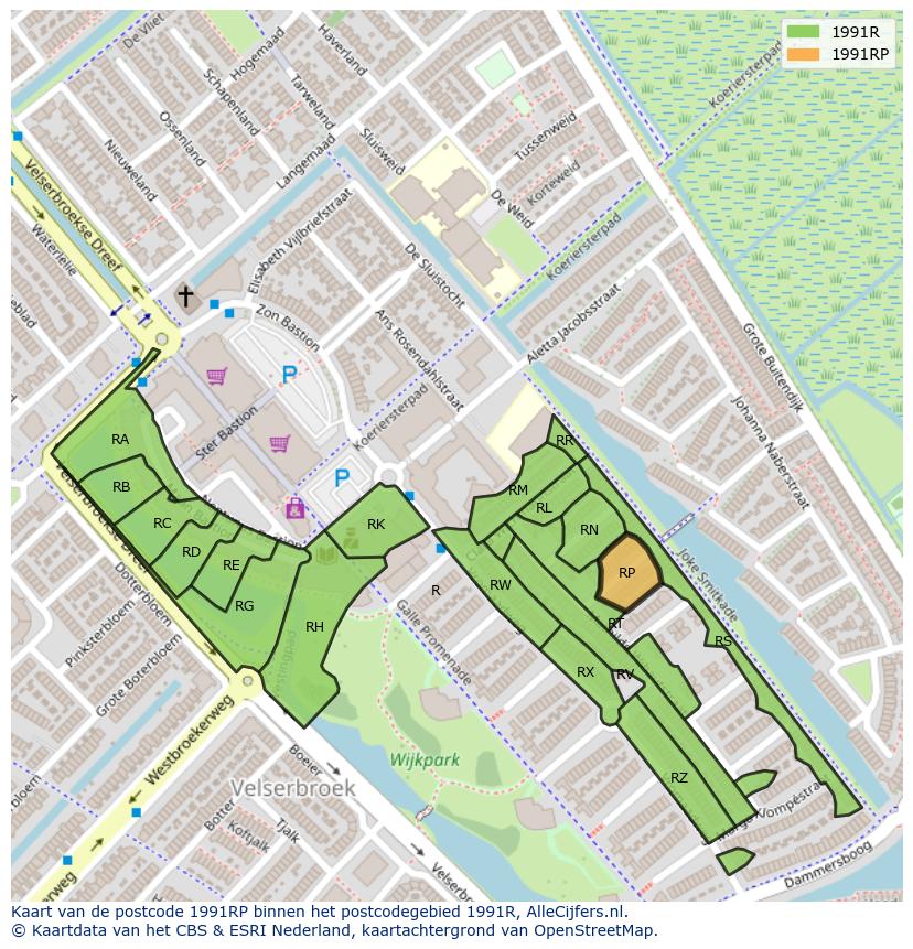 Afbeelding van het postcodegebied 1991 RP op de kaart.