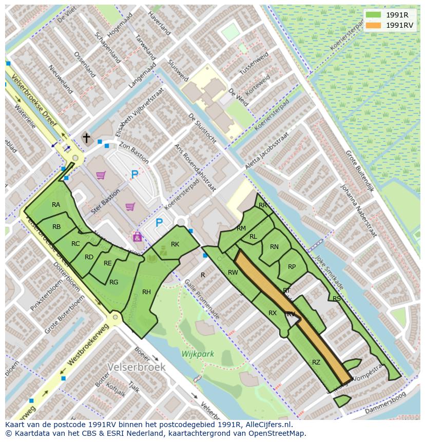 Afbeelding van het postcodegebied 1991 RV op de kaart.