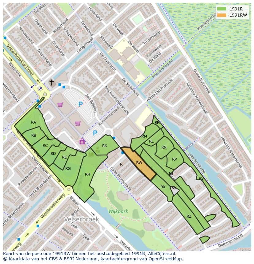 Afbeelding van het postcodegebied 1991 RW op de kaart.