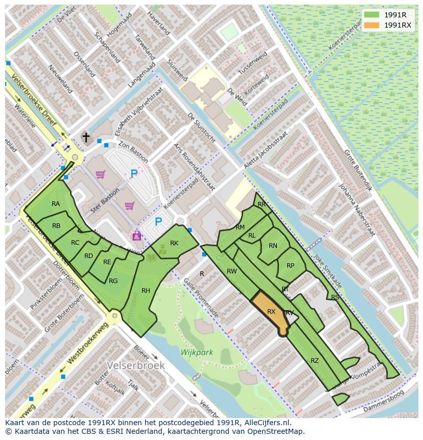 Afbeelding van het postcodegebied 1991 RX op de kaart.
