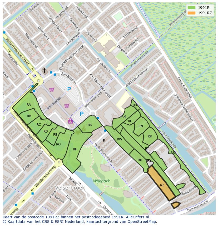 Afbeelding van het postcodegebied 1991 RZ op de kaart.