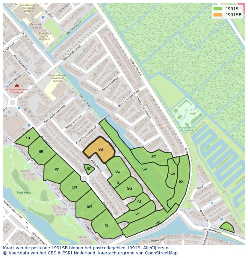 Afbeelding van het postcodegebied 1991 SB op de kaart.