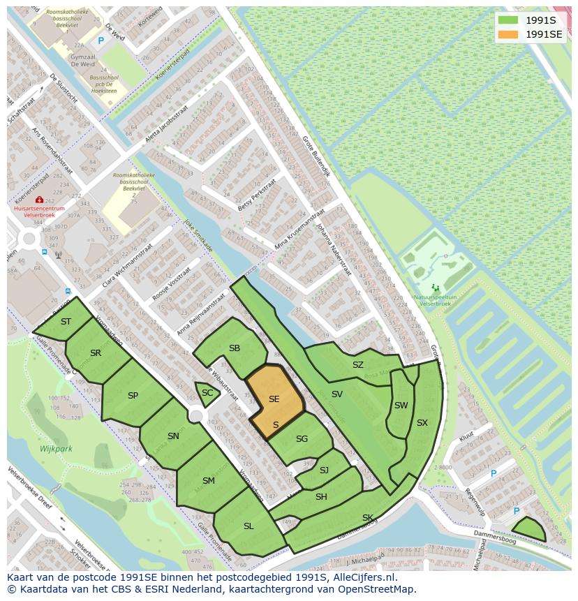 Afbeelding van het postcodegebied 1991 SE op de kaart.